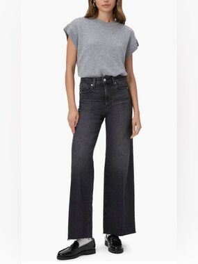 PAIGE Anessa Raw Hem High Waist Wide Leg Jeans Black Distressed Size 29